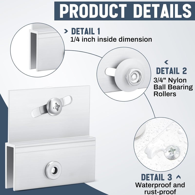 Yaocom 4 Pcs M 6054 Frameless Shower Door Rollers Top Bracket Roller Assembly, 3/4 in Round Plastic Wheel, Ball Bearings, Extruded Aluminum, Bright Finish, Chrome, 1/4 Inch Wide Inside - Image 3